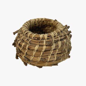 Vintage Small Hand Woven Basket Pine Needles & Raffia Unknown Artist 3 7/8 in w